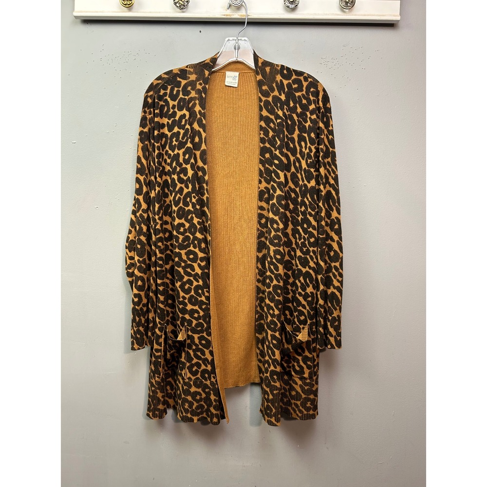 Terra & Sky Cardigan Women 2X Brown Leopard Print Open Front Ribbed Longline